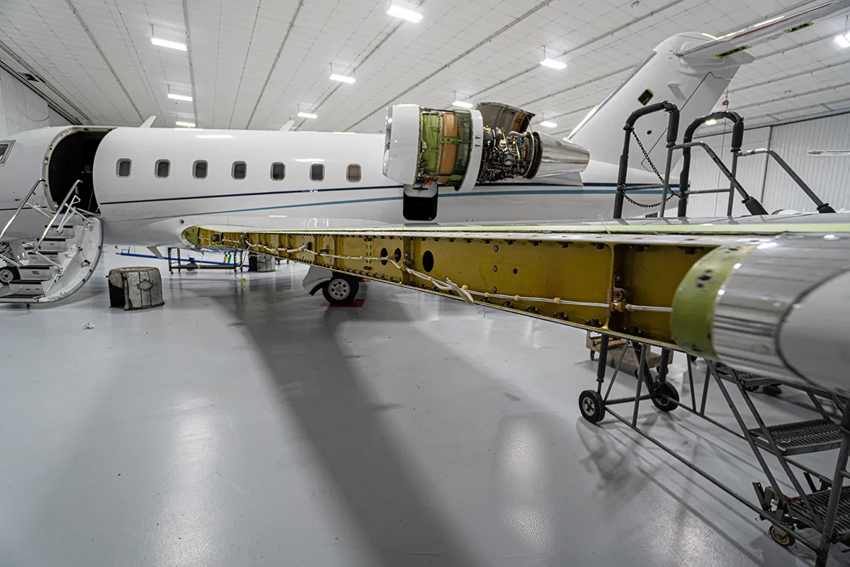 Bombardier Challenger 604 undergoing leading edge inspection at Flightstar in Savoy Illinois