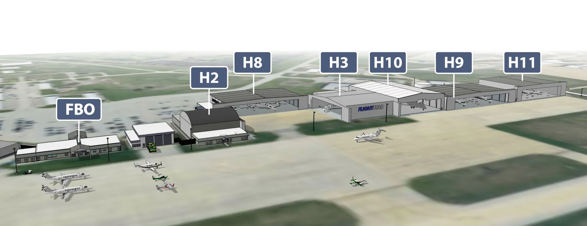 Flightstar aerial composite highlighting the multiple hangars and FBO facility in Savoy Illinois