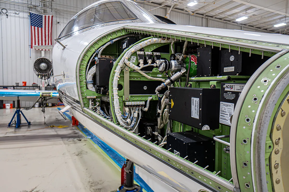 Bombardier Learjet 45 undergoing avionics maintenance inspection at Flightstar in Savoy Illinois