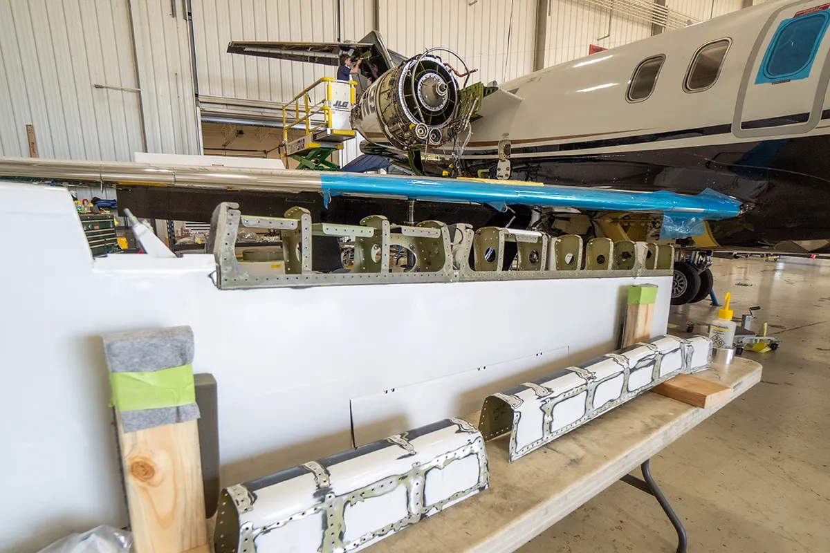 Bombardier Learjet 45 is undergoing aircraft maintenance inspection and service-bulletin compliance during inspections at Flightstar in Savoy Illinois